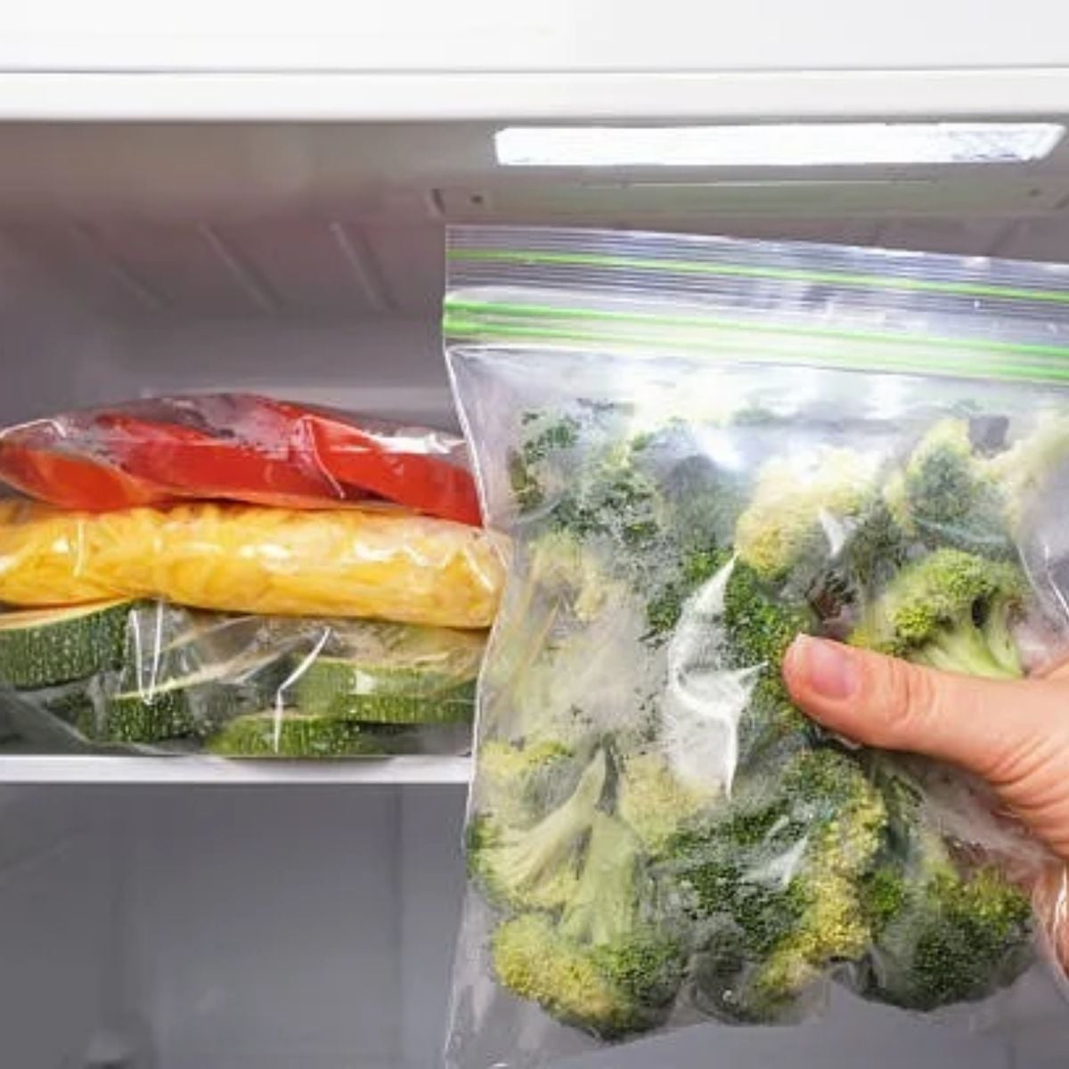 A hand removing frozen broccoli from the freezer