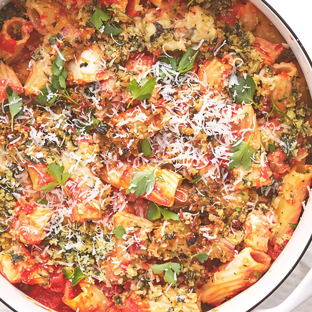 Chicken and tomato no-boil dump and bake pasta casserole topped with breadcrumbs and parmesan cheese