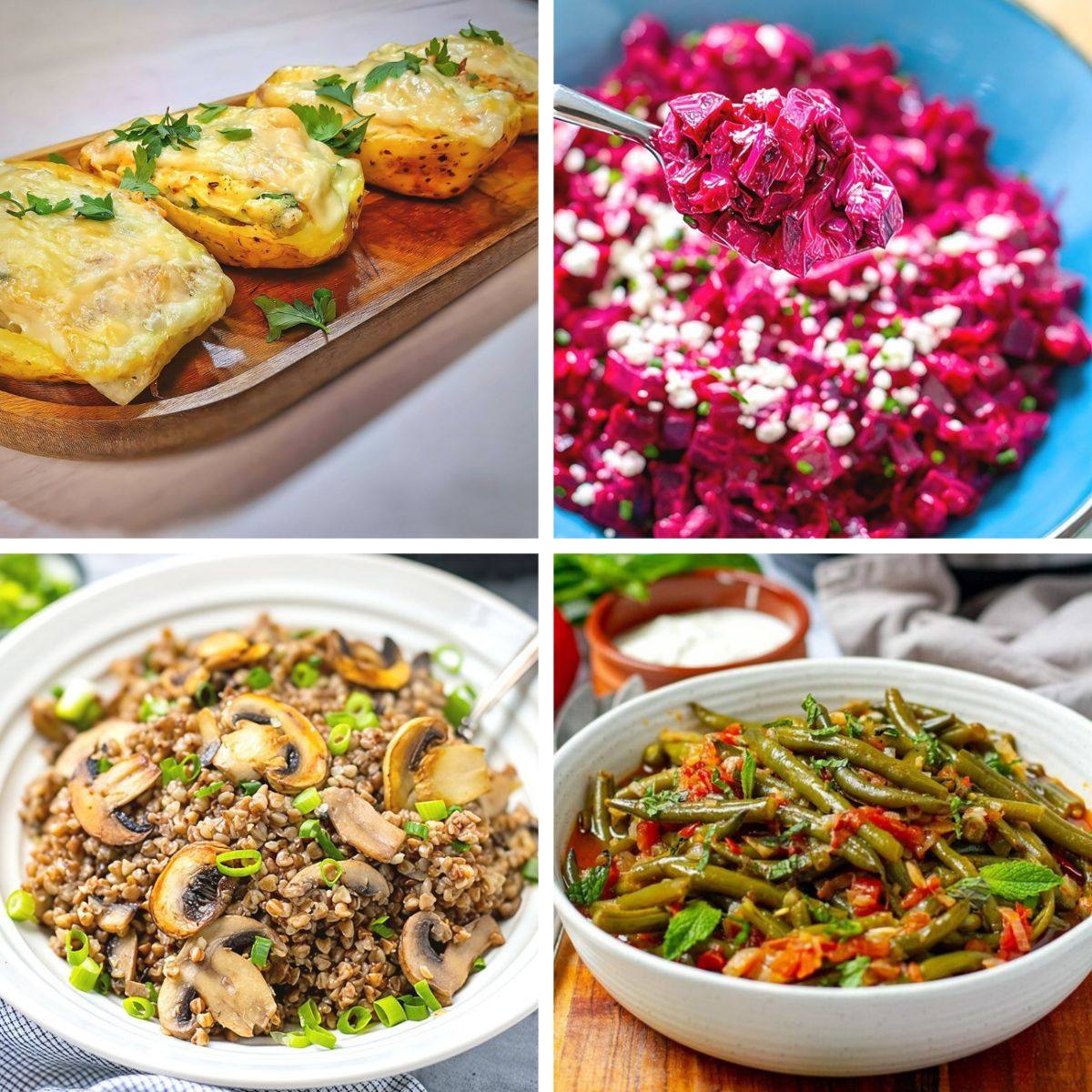 A collage of delicious homemade dishes showcasing popular gluten-free Thanksgiving side dishes.