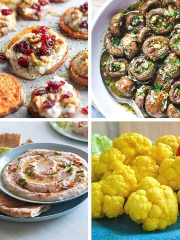 A collage of healthy and light Thanksgiving appetizers featuring sweet potato bites with ricotta and cranberries, herb-marinated mushrooms, creamy white bean dip with pita, and turmeric pickled cauliflower.