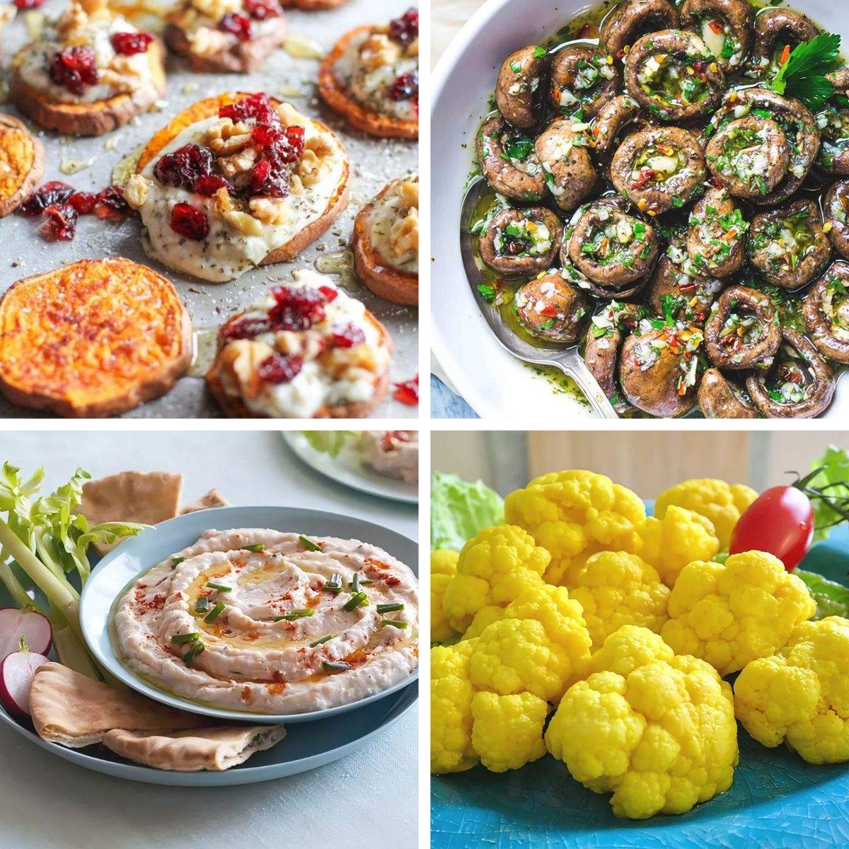 A collage of healthy and light Thanksgiving appetizers featuring sweet potato bites with ricotta and cranberries, herb-marinated mushrooms, creamy white bean dip with pita, and turmeric pickled cauliflower.