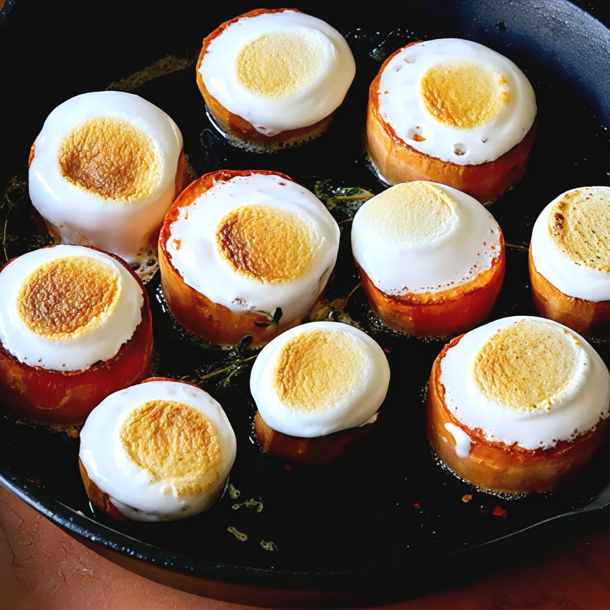 Thick rounds of melting sweet potatoes roasted in a skillet and topped with toasted marshmallows for Thanksgiving vegetable side dishes.