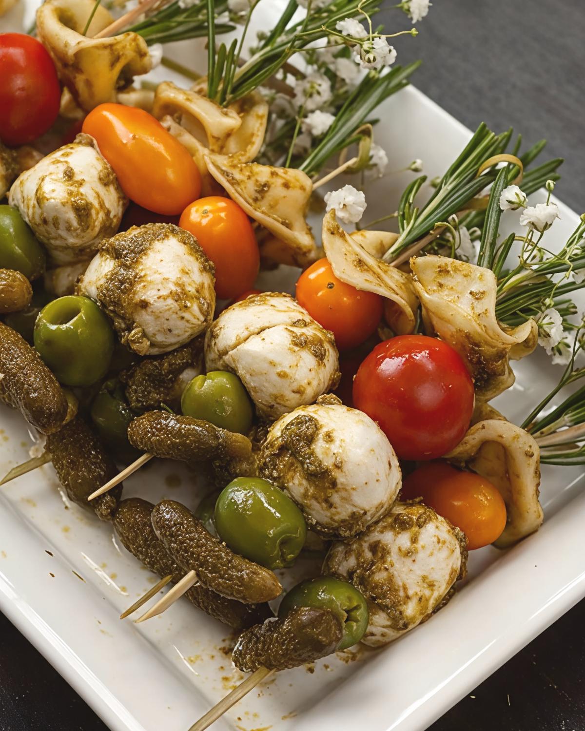 Wooden skewers loaded with mozzarella balls tossed in pesto, cherry tomatoes, green olives, gherkins, folded tortellini, and fresh sprigs of rosemary are served on a white platter.