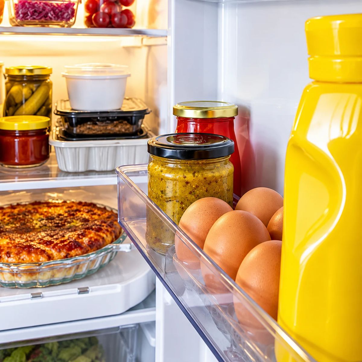 An old mustard jar stands among various sauce bottles on a refrigerator door shelf.