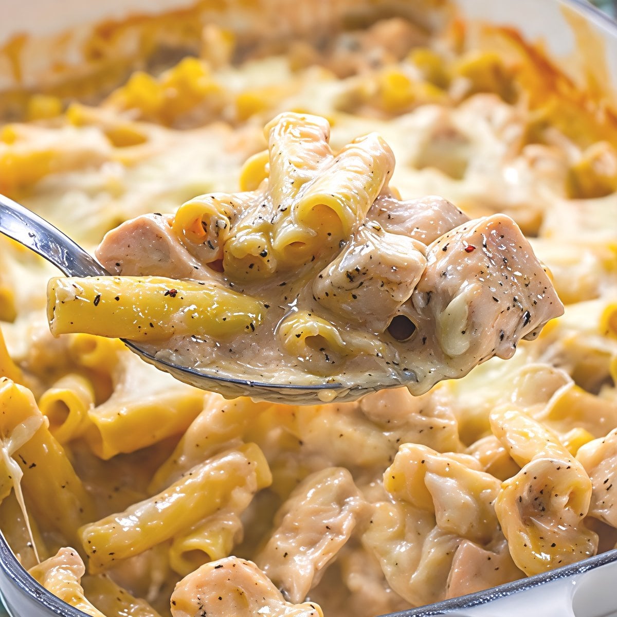 No boil chicken alfredo pasta dump and bake casserole on a serving spoon with creamy sauce
