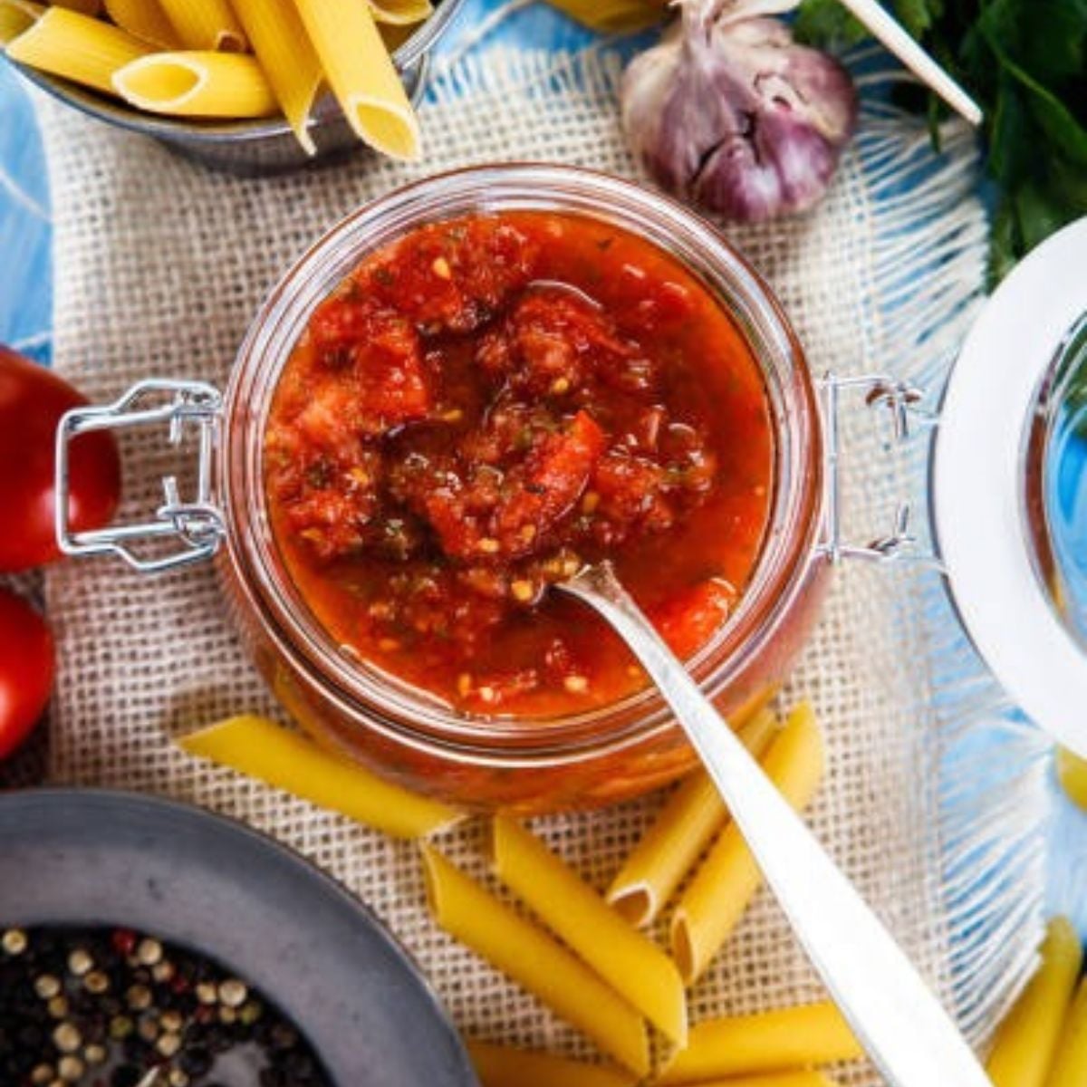 Opened Jar of Pasta Sauce with a spoon in it and uncooked pasta laying around it.
