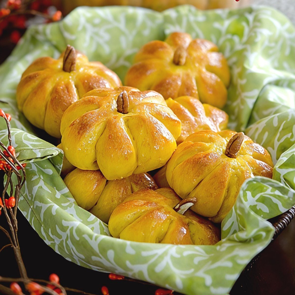 Golden-brown dinner rolls shaped like mini pumpkins with pecan stems are arranged in a basket lined with a green patterned cloth.