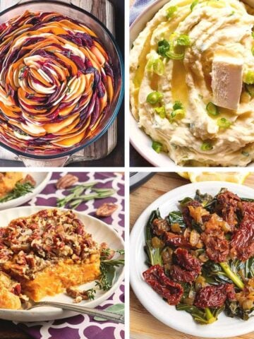 A four-panel collage displays four complementary Thanksgiving potluck dishes: a beautifully arranged spiral of colorful root vegetables, fluffy mashed potatoes topped with green onions and a slice of butter, sweet potato casserole with a pecan crumble topping, and collard greens tossed with sun-dried tomatoes.