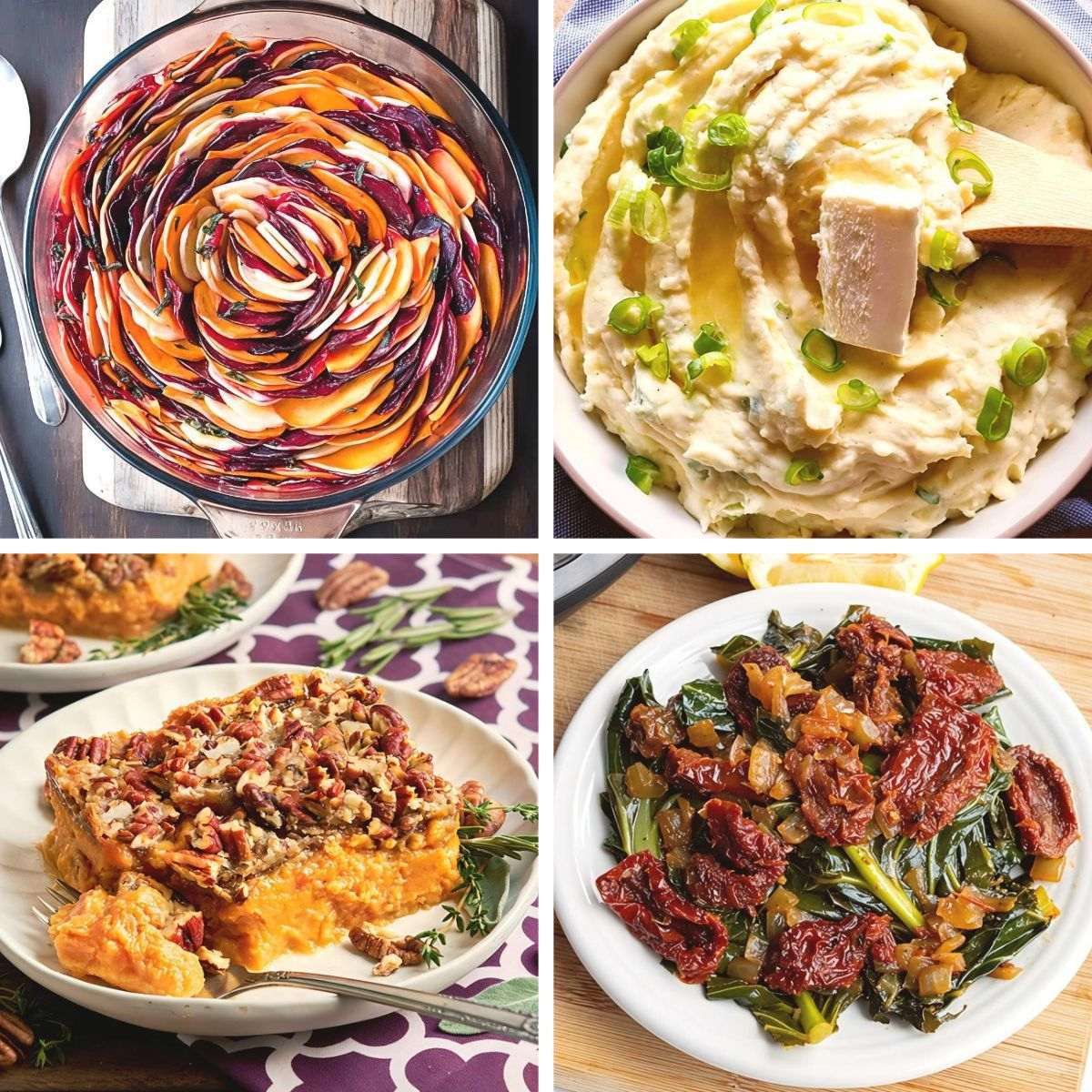 A four-panel collage displays four complementary Thanksgiving potluck dishes: a beautifully arranged spiral of colorful root vegetables, fluffy mashed potatoes topped with green onions and a slice of butter, sweet potato casserole with a pecan crumble topping, and collard greens tossed with sun-dried tomatoes.