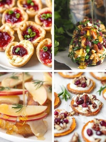 A collage showcases four holiday appetizer dishes including cranberry cream cheese bites, mini cranberry pecan goat cheese balls drizzled with honey, apple cheddar crostini, and sweet potato bites, making perfect Thanksgiving Snacks Appetizers.