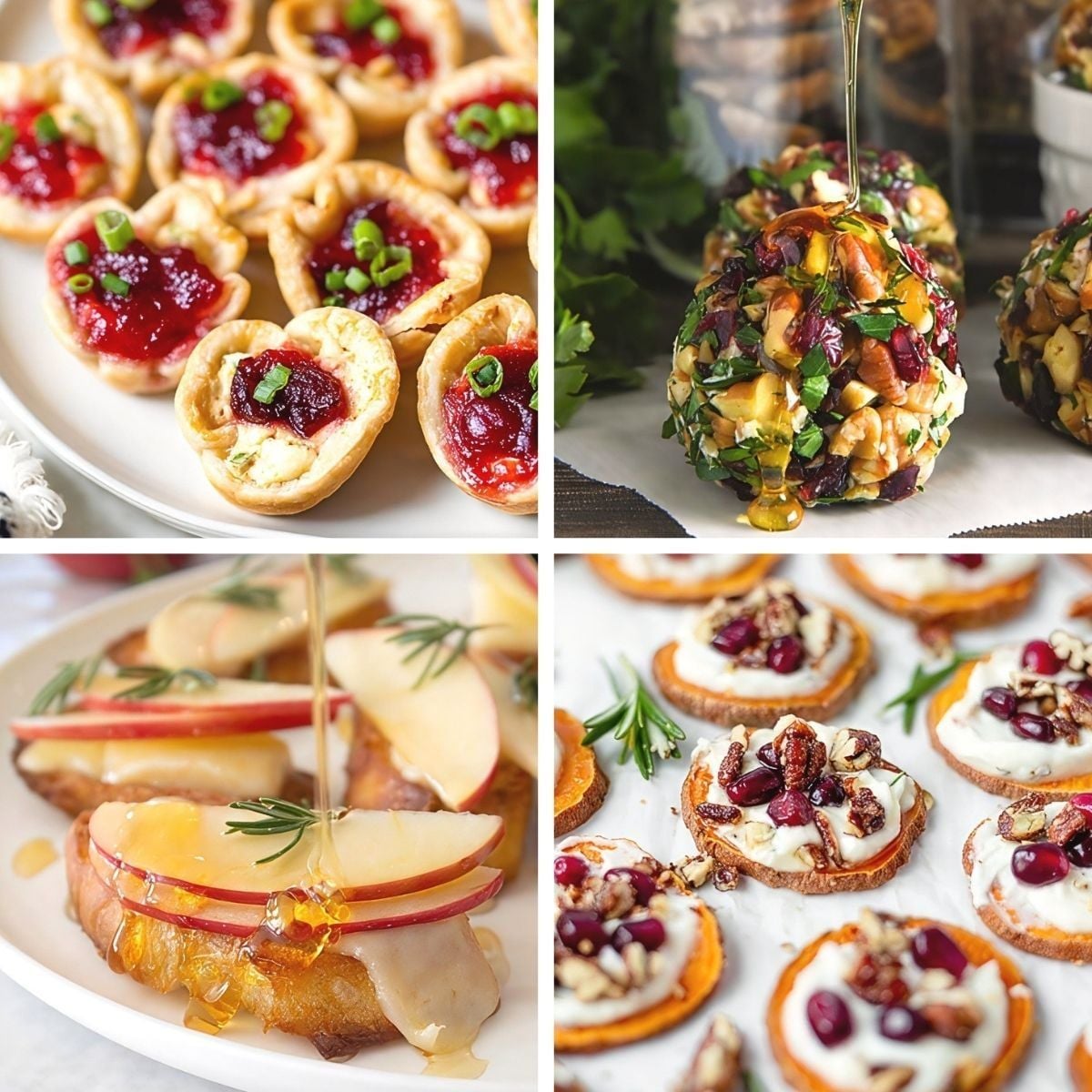 A collage showcases four holiday appetizer dishes including cranberry cream cheese bites, mini cranberry pecan goat cheese balls drizzled with honey, apple cheddar crostini, and sweet potato bites, making perfect Thanksgiving Snacks Appetizers.