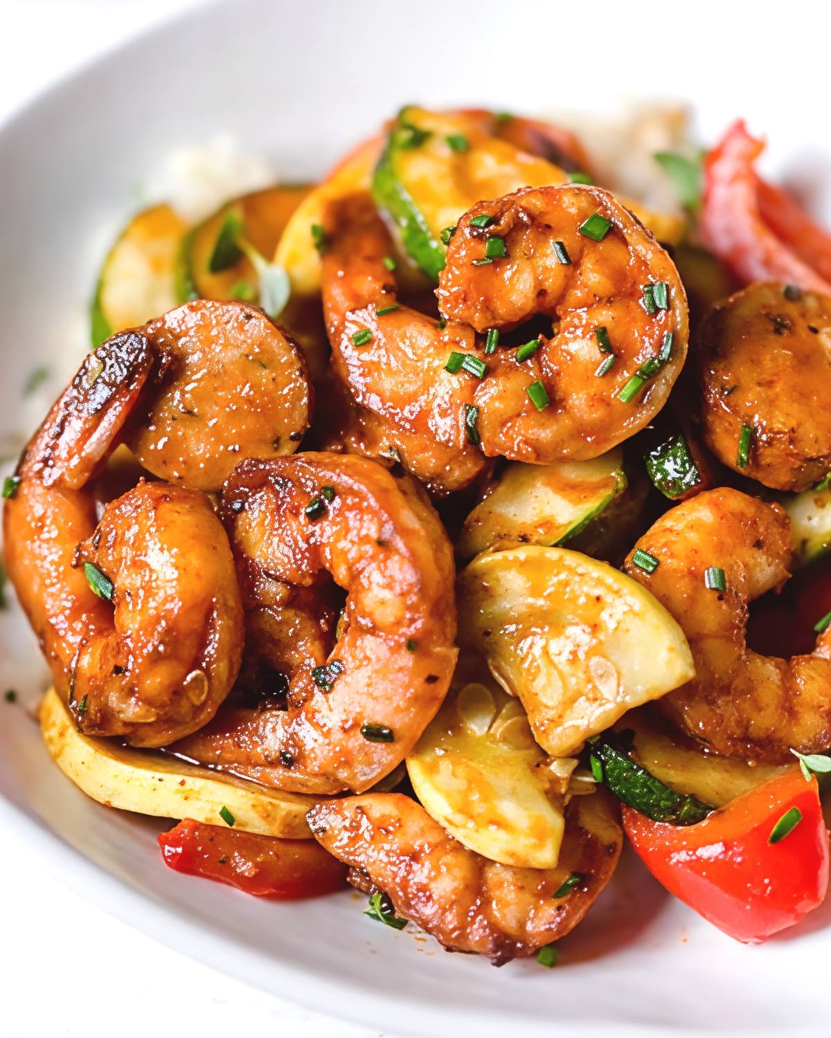 Seasoned Cajun shrimp and sliced smoked sausage served with roasted zucchini squash and red peppers in a white bowl, featured as a delicious high protein low carb recipes dinner.