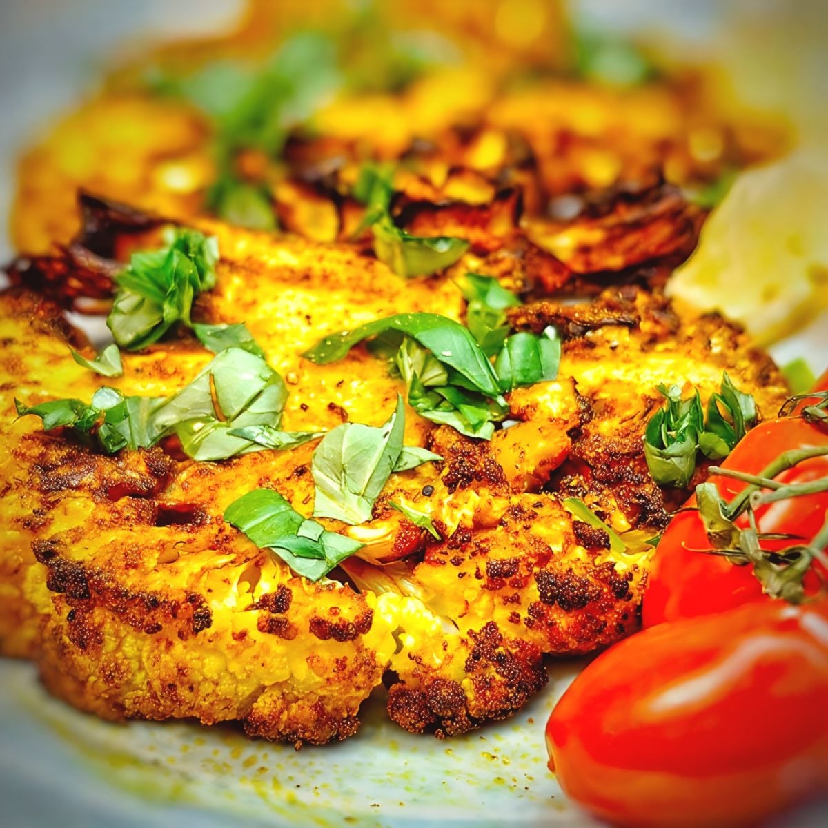 Crispy air fryer cauliflower steaks seasoned with spices and fresh herbs, garnished with cherry tomatoes as one of the best gluten-free Thanksgiving side dishes.