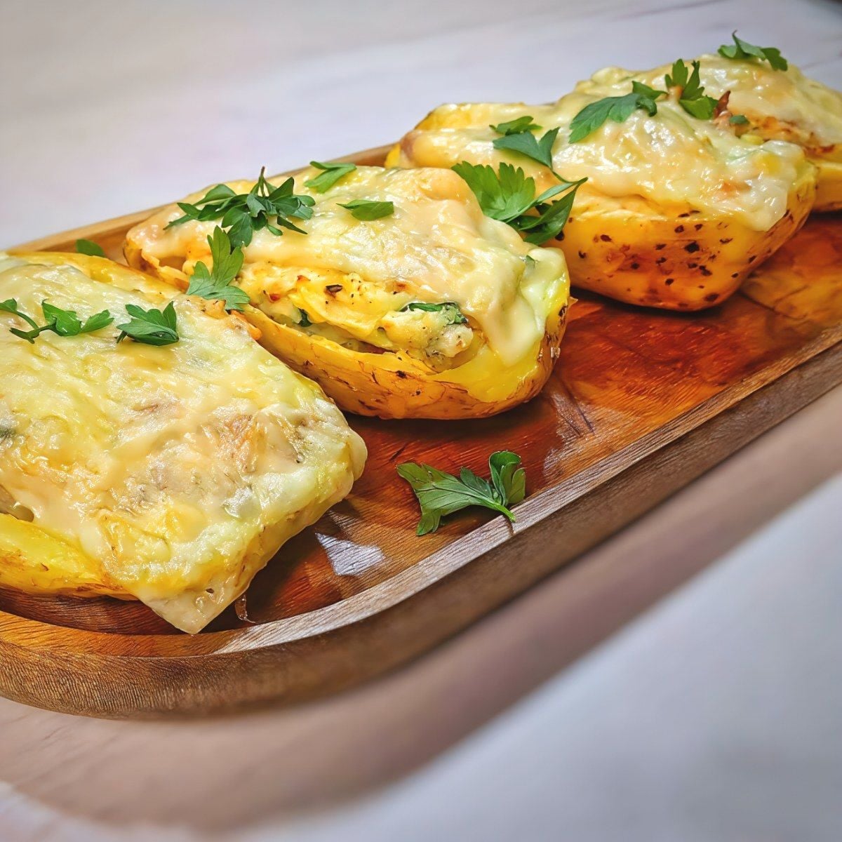 Air fryer twice-baked potatoes topped with melted cheese and fresh parsley on a wooden platter, served as one of the best gluten-free Thanksgiving side dishes.