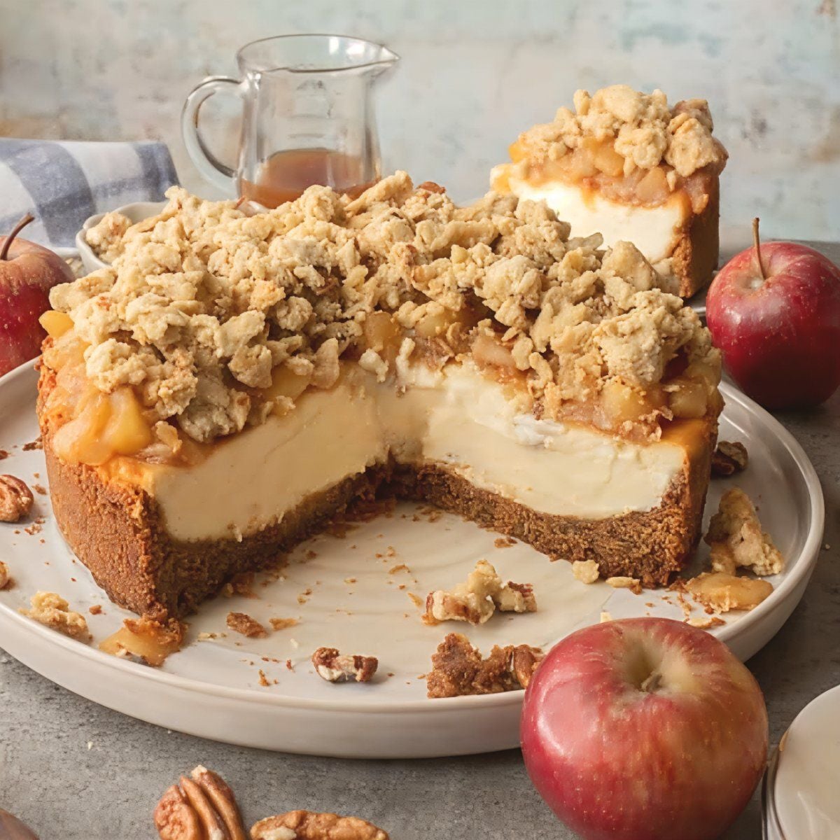 An apple crumble cheesecake with a slice missing shows layers of graham cracker crust, creamy filling, spiced apples, and a oat crumble topping, set on a platter with fresh red apples and pecans.