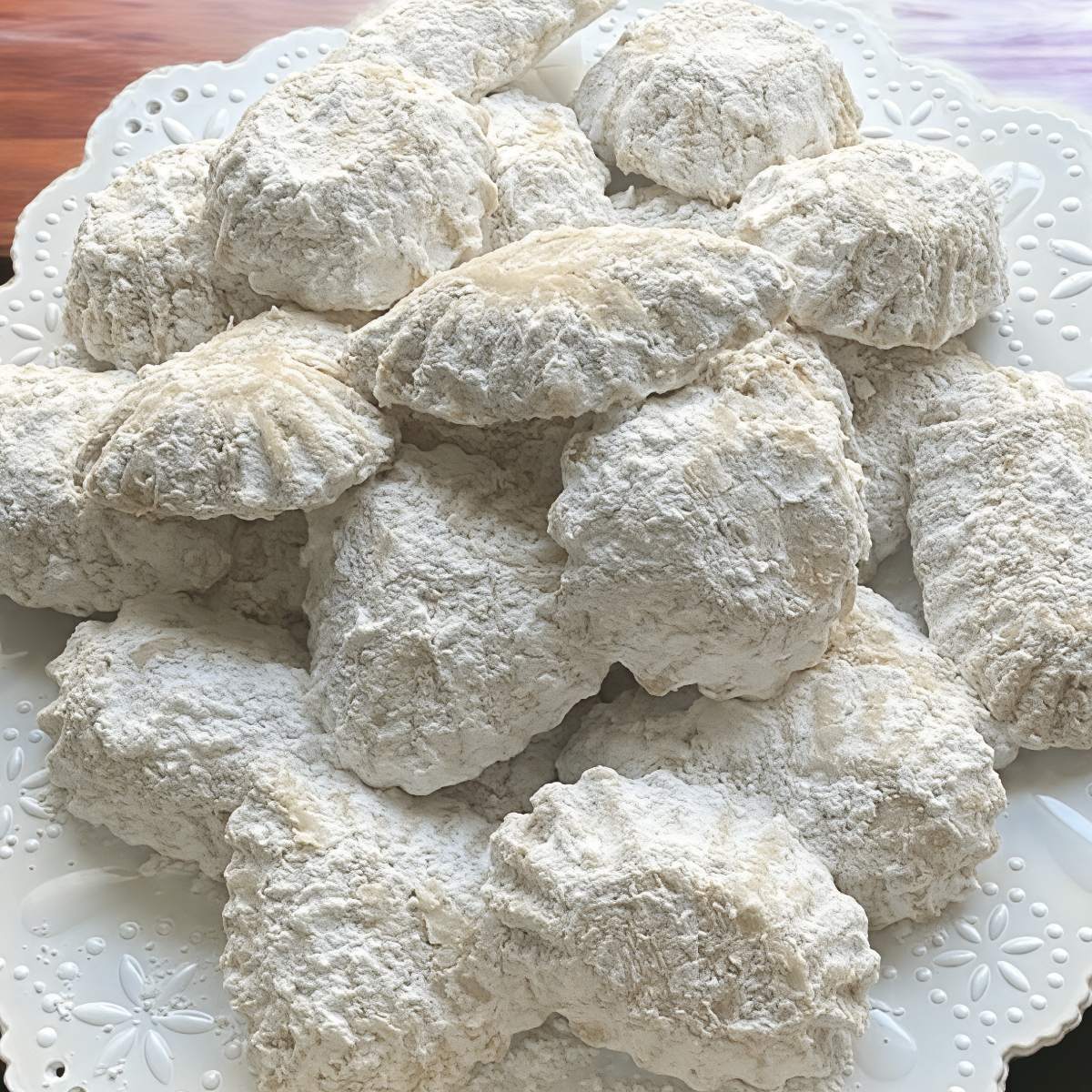 Traditional Balkan Šape bear claw walnut cookies heavily dusted with powdered sugar arranged on a decorative white platter, served as a festive European Christmas dessert.