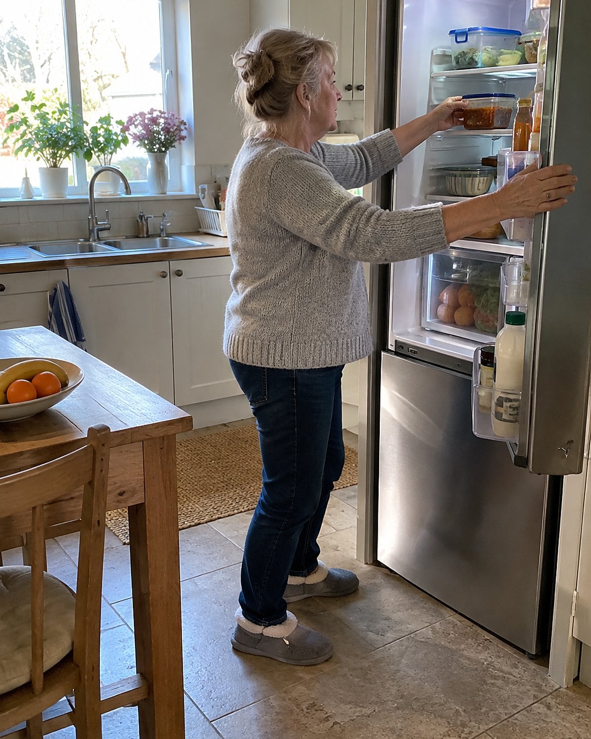 One hand opens a fridge door while the other reaches for a shallow container of bolognese.