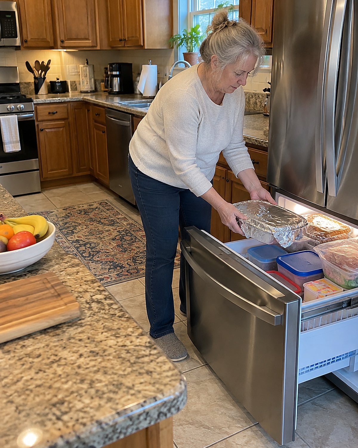 A hand pulls a wrapped baking dish of enchiladas from a crowded freezer drawer.