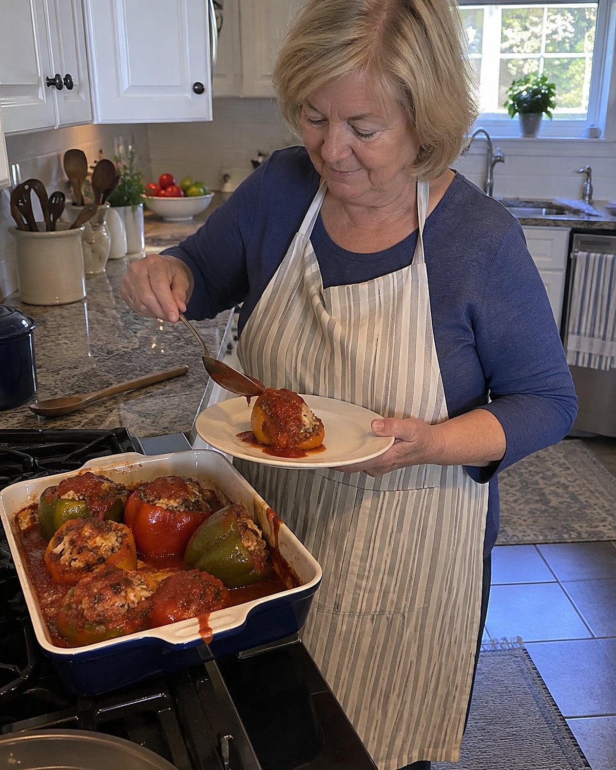 A hand spoons sauce from a baking dish over a slightly slumped stuffed pepper.