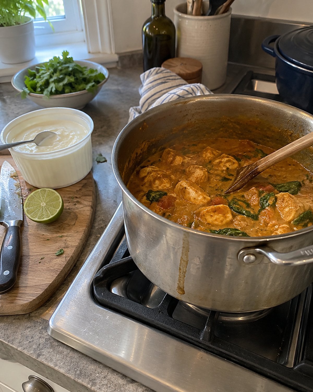 A small pot of curry sits beside an open yogurt tub and a cut lime on the stove.