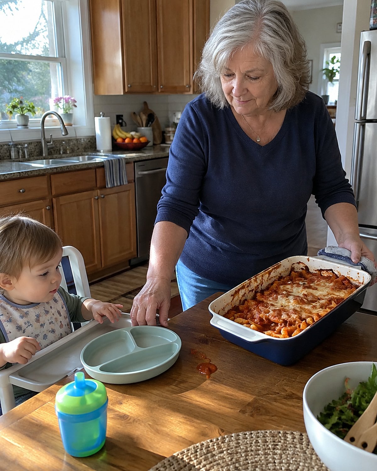 At a grandchild’s high chair, a woman’s hands slide a baking dish of ziti away from an empty child’s plate.