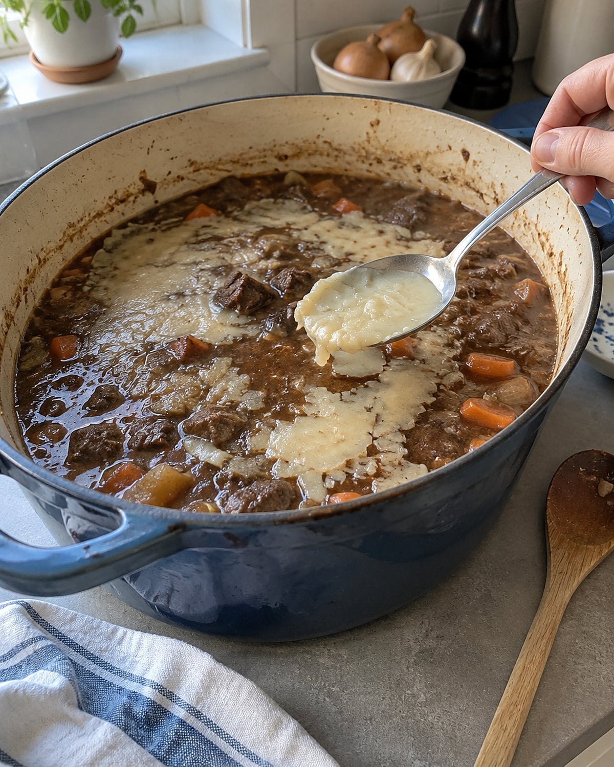A spoon lifts a pale layer of fat from chilled beef stew in a Dutch oven on the counter.