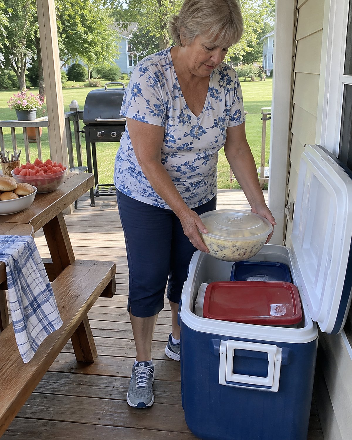 At a picnic table on a porch, hands set a covered bowl of potato salad into a cooler.