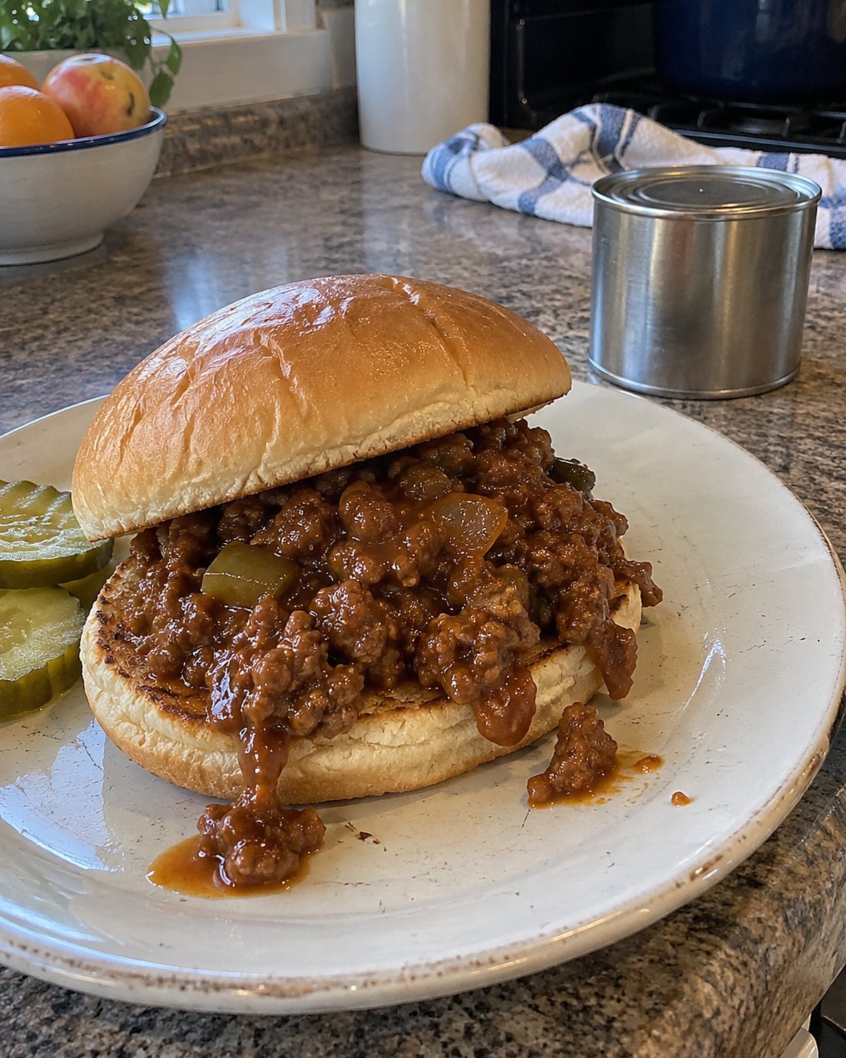 A spoonful of Sloppy Joe filling rests on a toasted bun beside a stained recipe card.