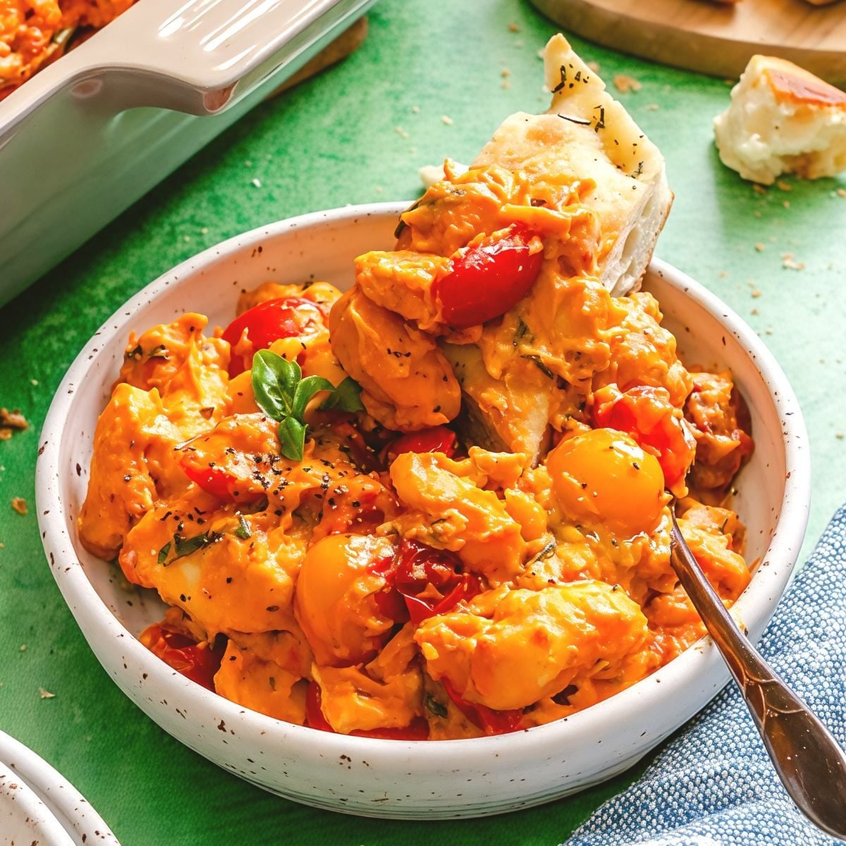 Creamy Boursin gnocchi casserole with tomatoes, an easy dump and bake recipe for dinner