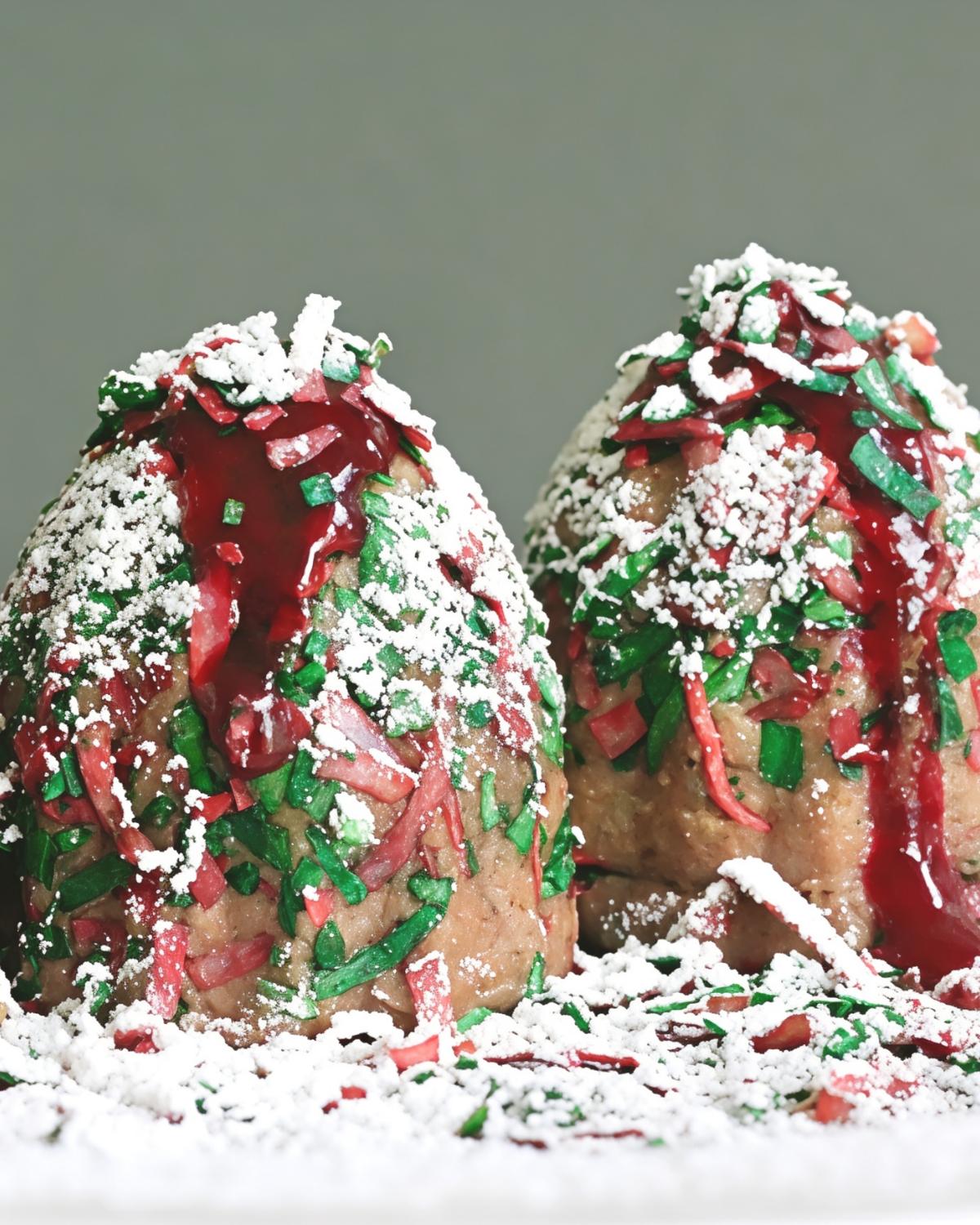Two cone-shaped Romanian Brăduți Christmas sweets decorated with red and green sprinkles, powdered sugar, and fruit syrup glaze.