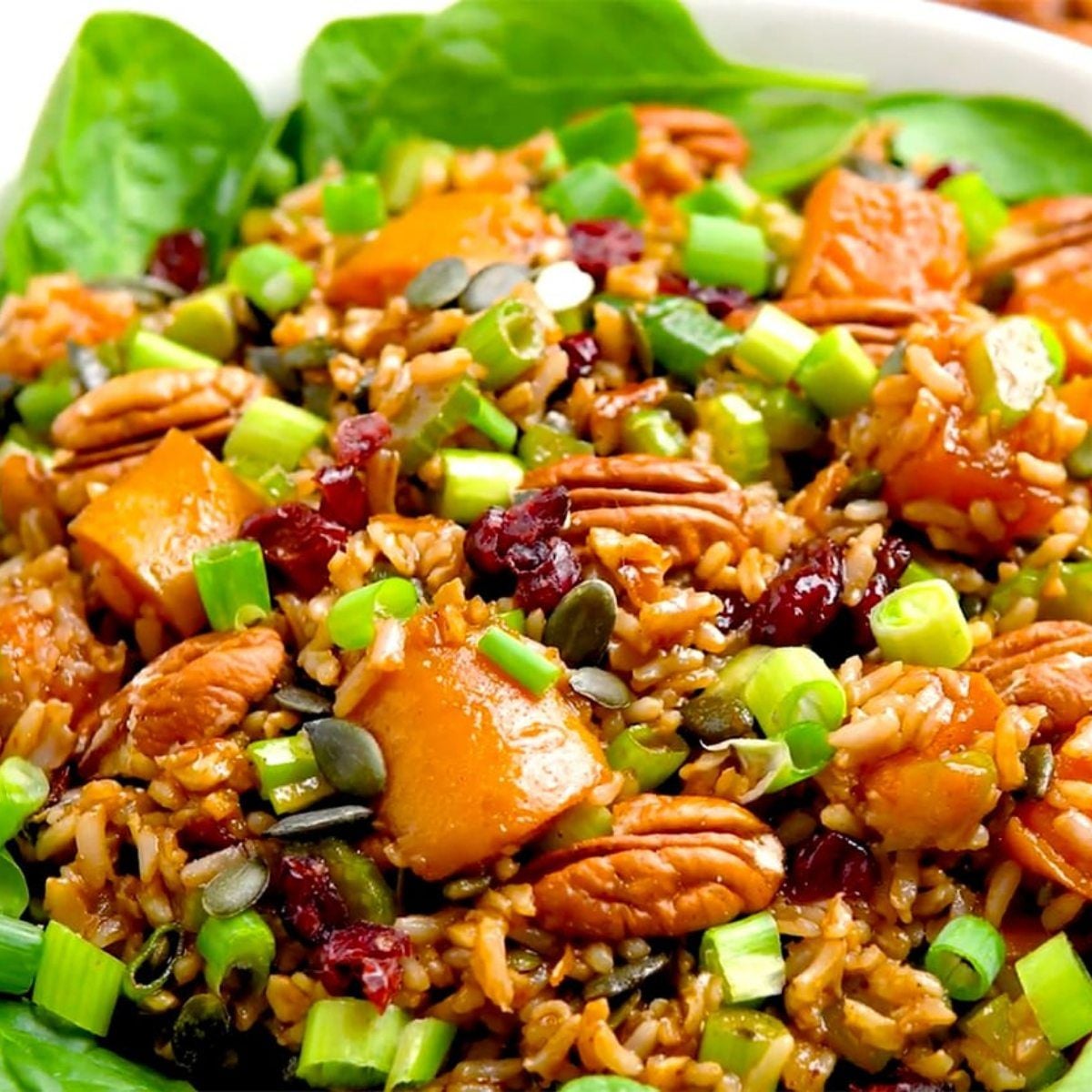 A colorful Thanksgiving salad combining brown rice, roasted sweet potato cubes, dried cranberries, pecans, pumpkin seeds, and chopped green onions served over fresh spinach.