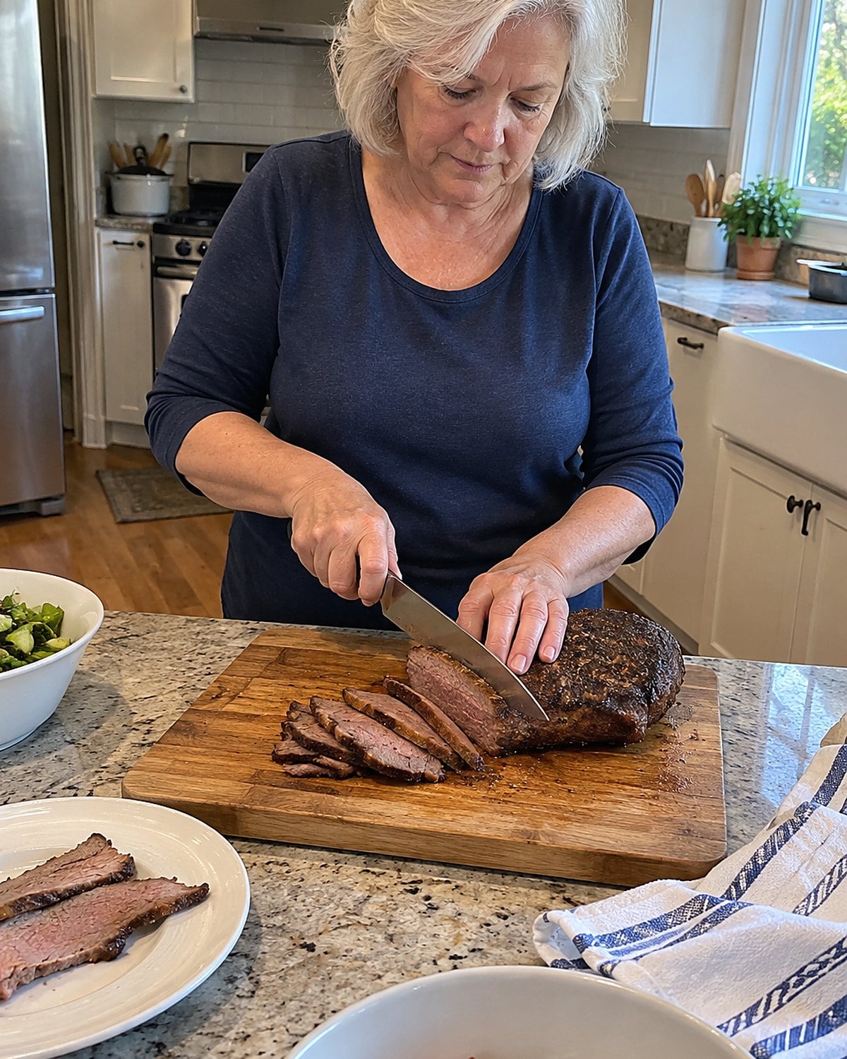 An older woman's hands cutting thin brisket slices across the grain on a worn kitchen board.