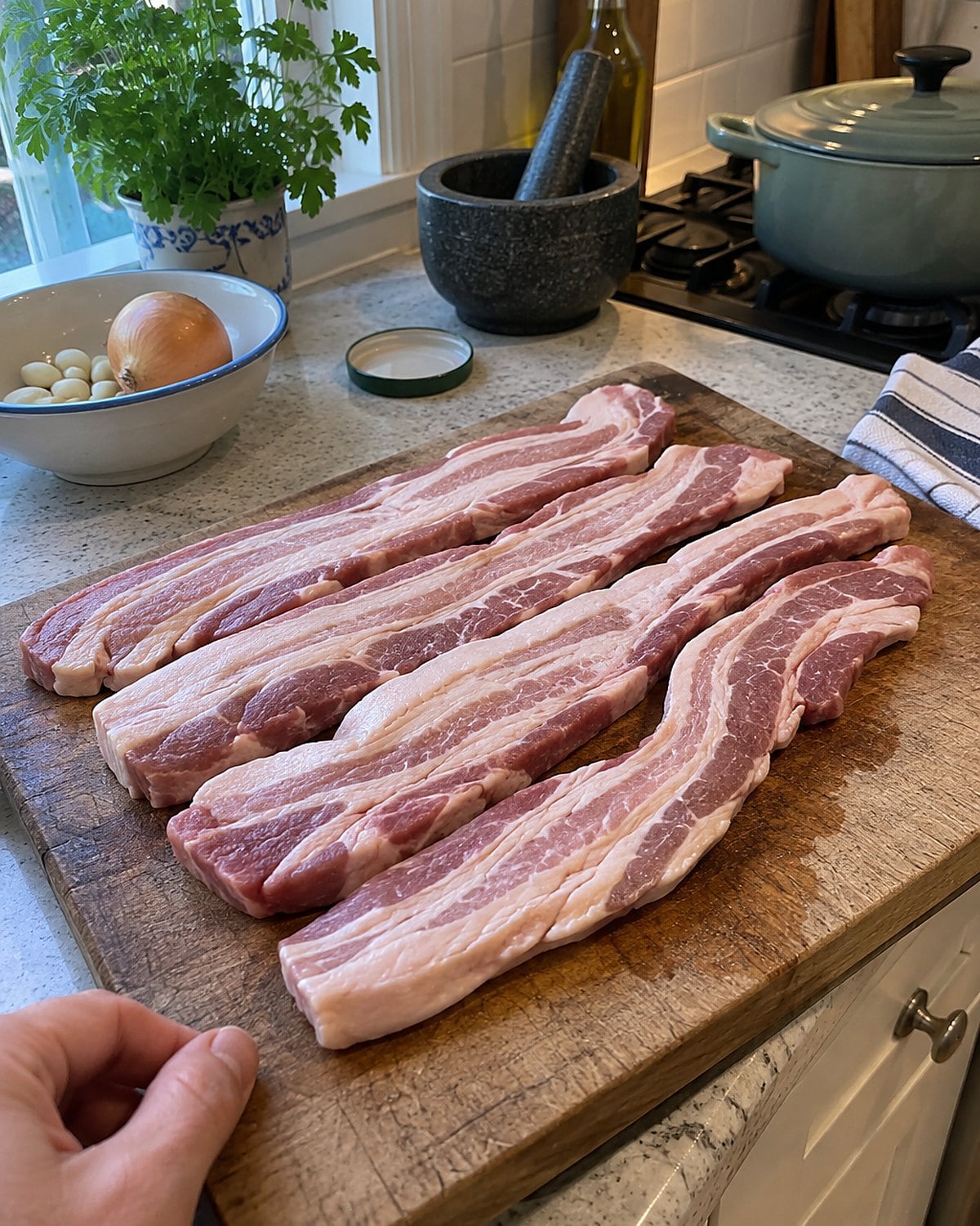Strips of fresh pork belly with uneven bands of meat and fat on a kitchen board.