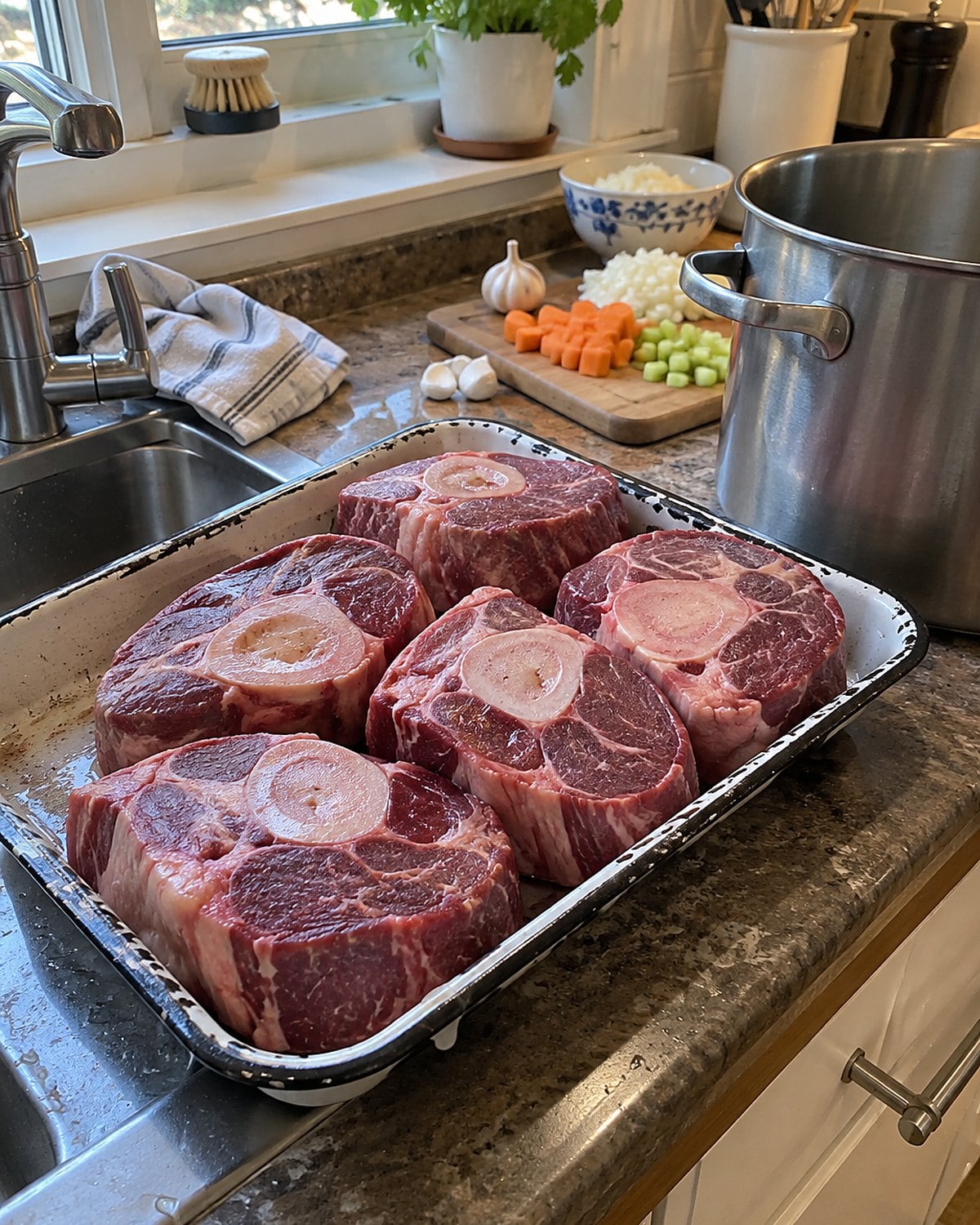 Crosscut beef shanks with round center bones beside a soup pot at the sink.
