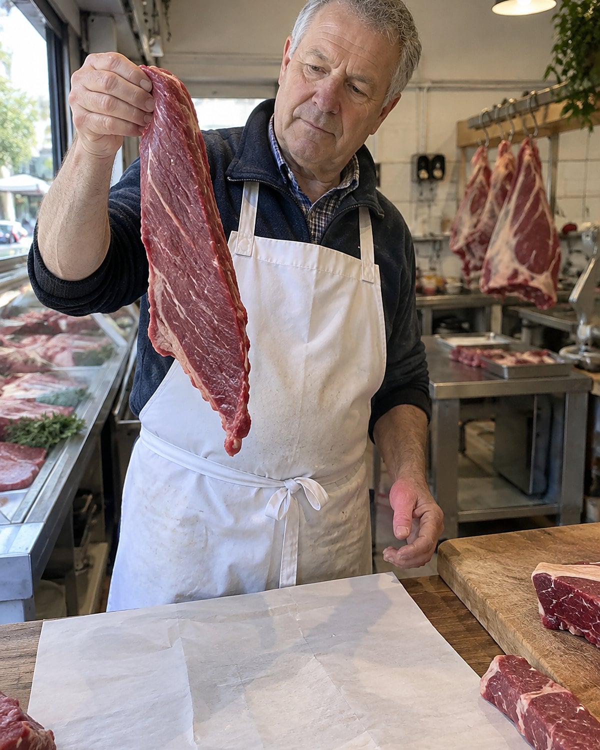 A butcher's hands holding up a loose-grained bavette steak at a market counter.
