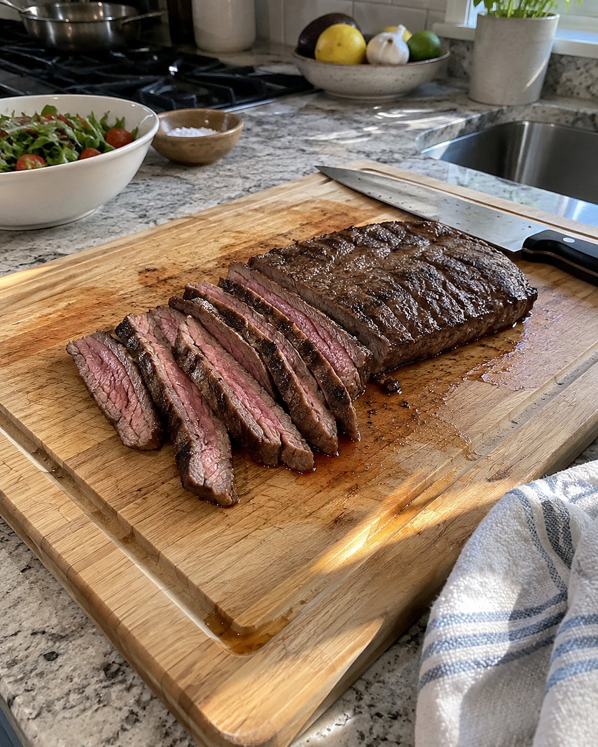 A flat iron steak on a cutting board, with sliced pieces and a kitchen knife beside it.