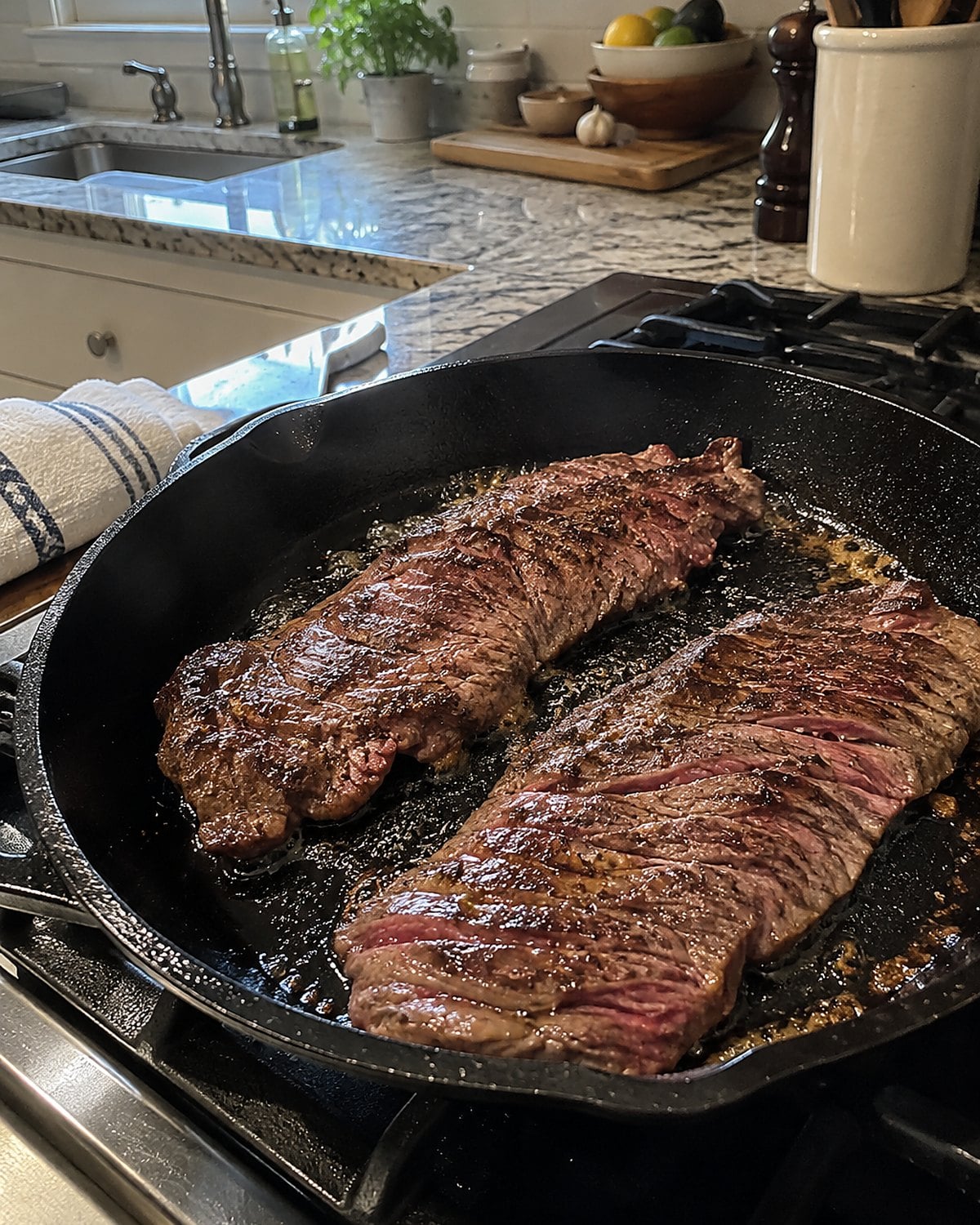 Two trimmed pieces of hanger steak lying flat in a home kitchen skillet.