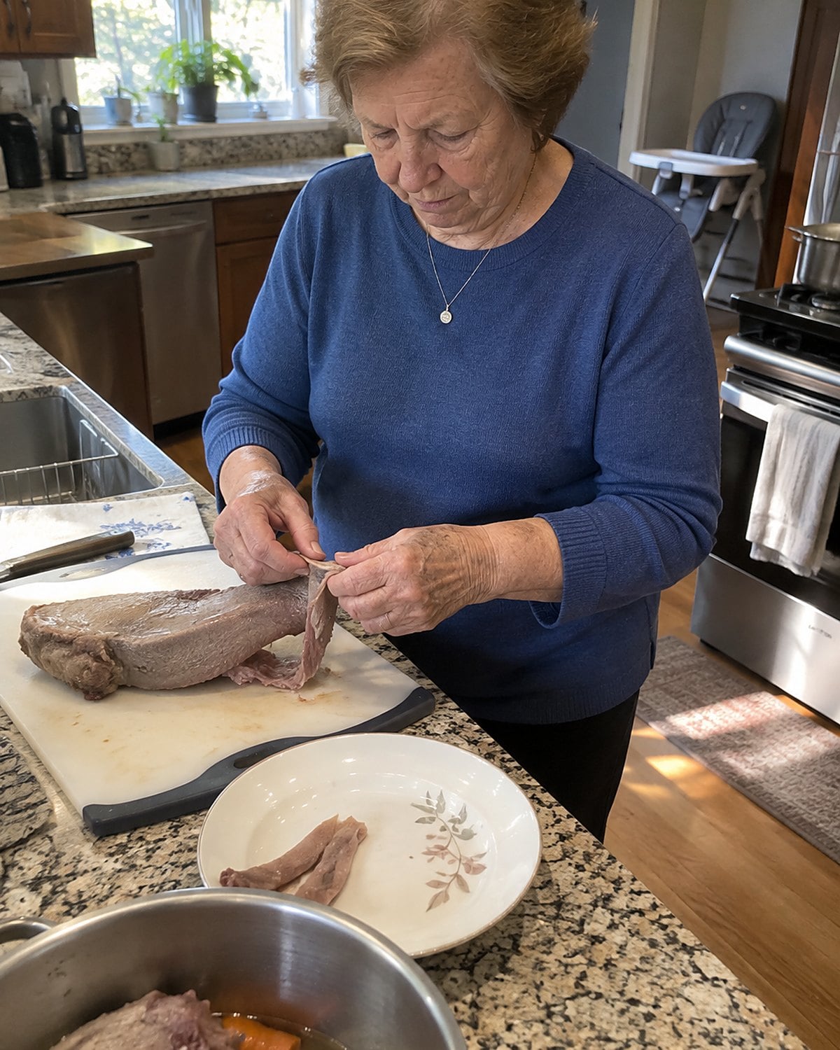 An older woman's hands peeling warm beef tongue at the counter, with a high chair in the background.
