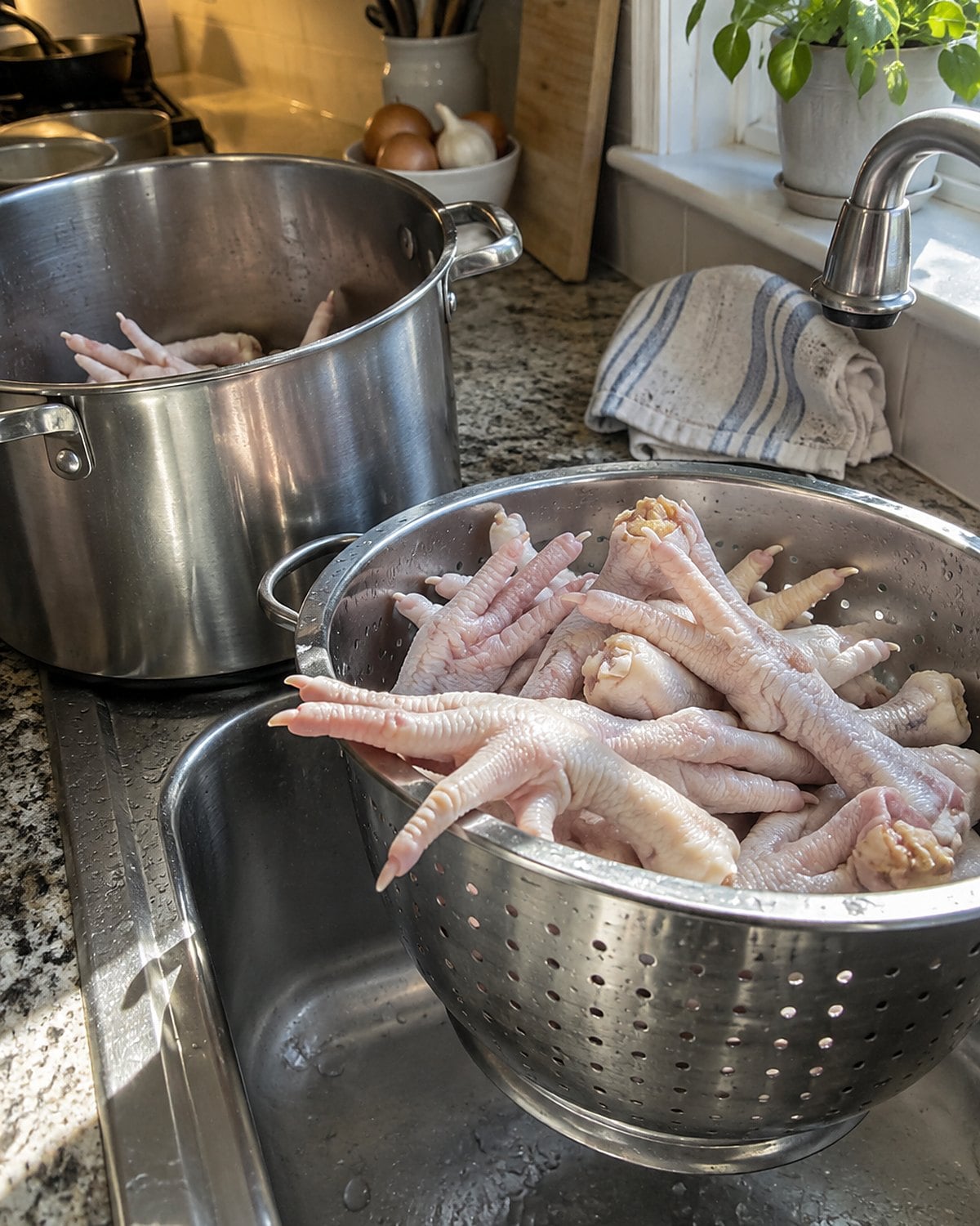 Chicken feet in a colander at the sink beside a stockpot.