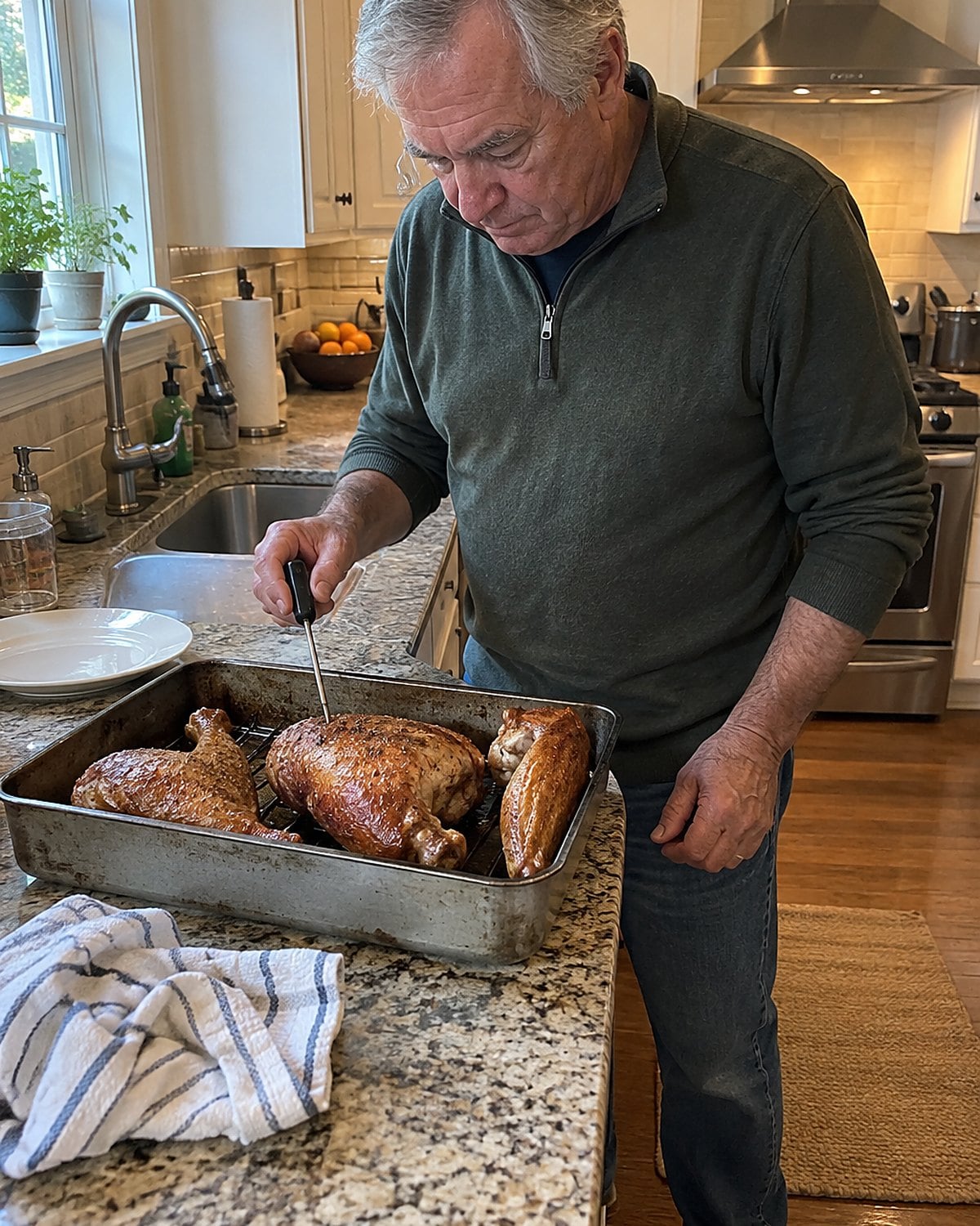 Turkey wings in a roasting pan, with a thermometer held near the thickest piece.