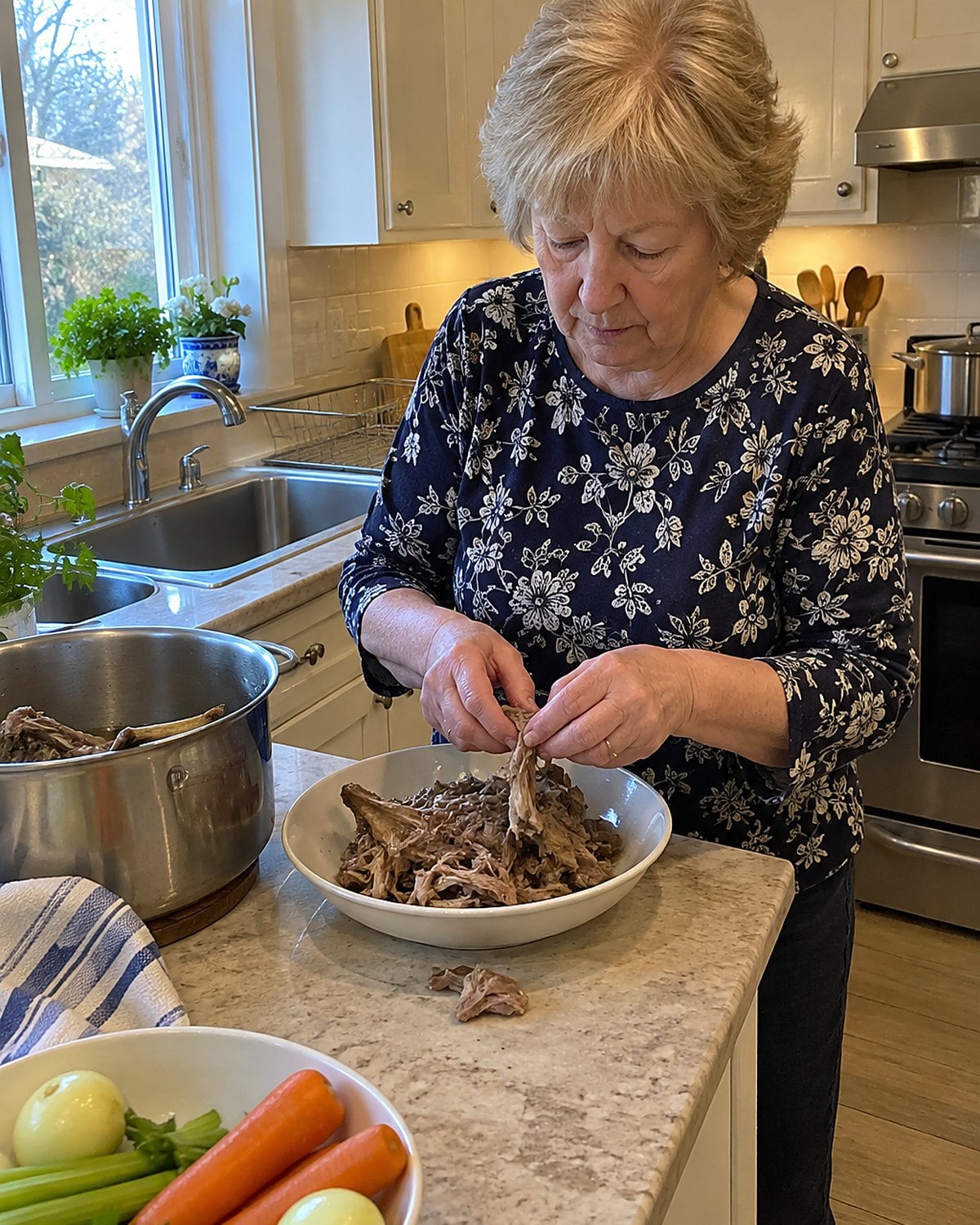 An older woman's hands picking cooked lamb neck meat from bones over a shallow bowl.