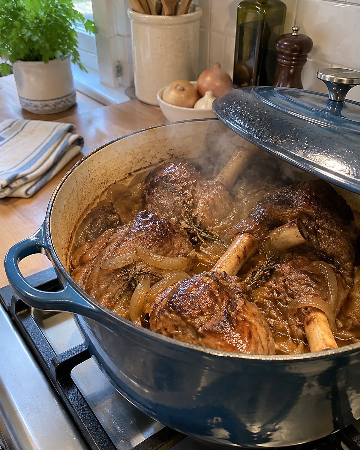 Lamb shanks in a covered pot with the lid tipped aside and onion around the bones.