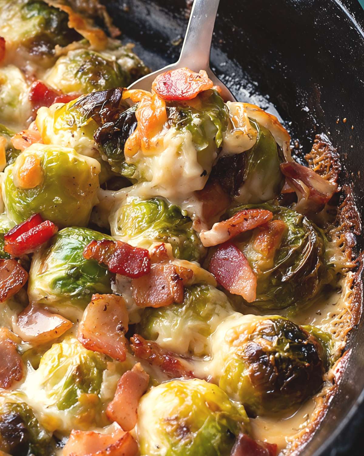 Cheesy Brussels sprouts with bacon served in a skillet as a low-carb keto Thanksgiving side dish