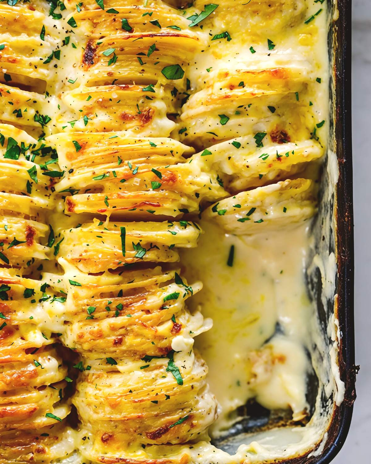 A close-up shot of cheesy scalloped potatoes, golden brown and garnished with fresh green herbs, is served in a black baking dish.