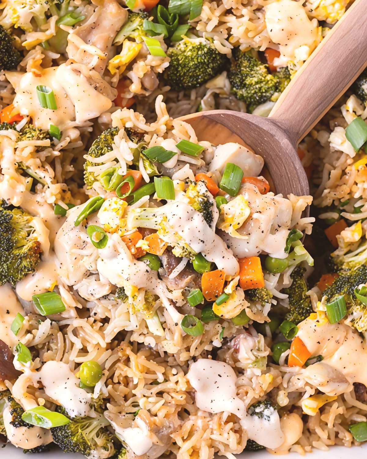 Chicken fried rice bake with broccoli and vegetables, an easy dump and bake recipe for dinner