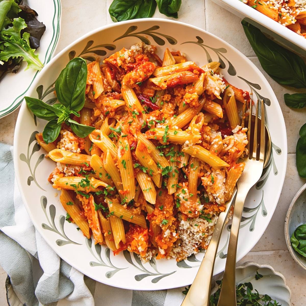 Chicken parmesan pasta casserole served in a patterned bowl, an easy dump and bake recipe for dinner.