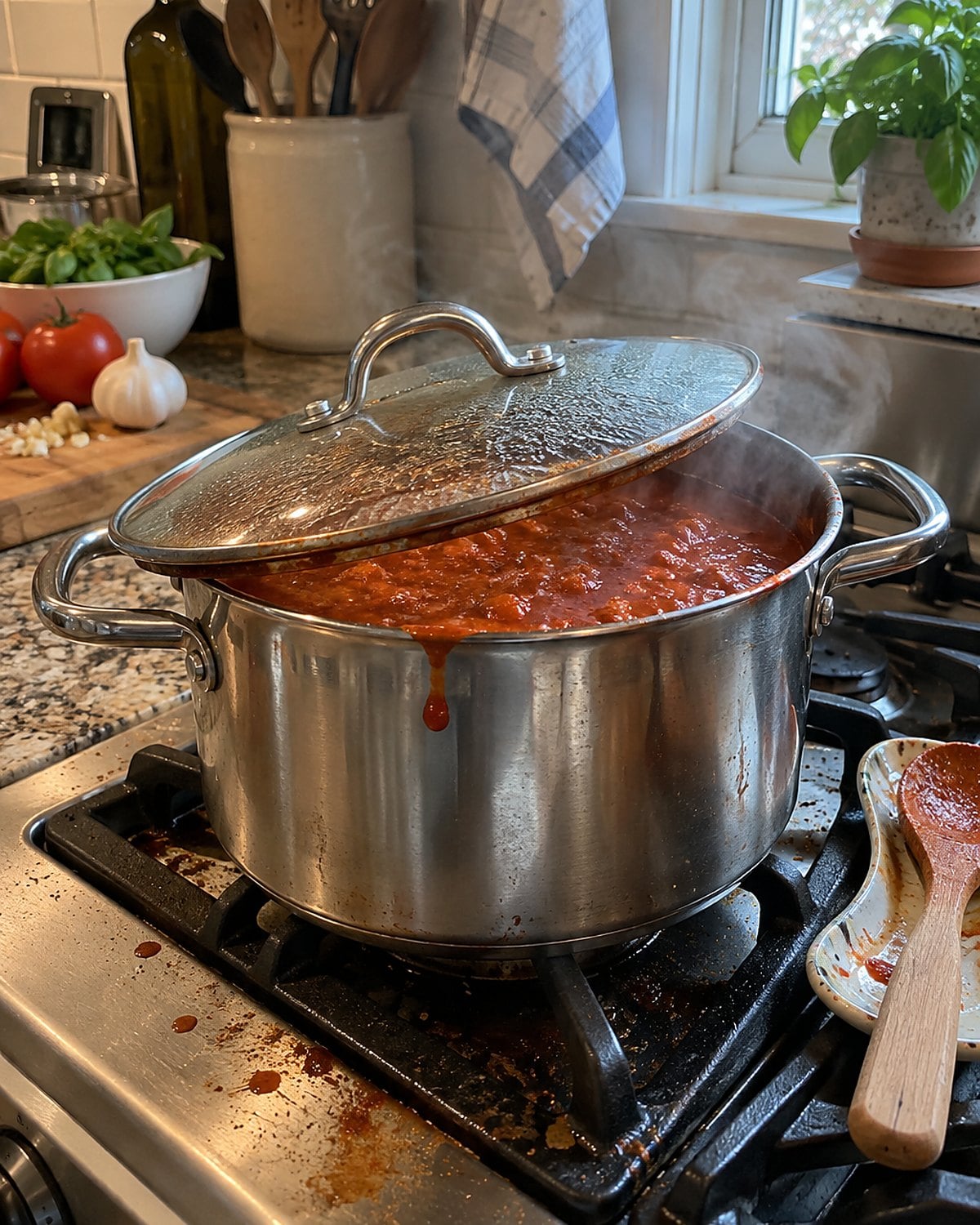 Tomato sauce bubbling beneath a crooked pot lid on a splattered stove.