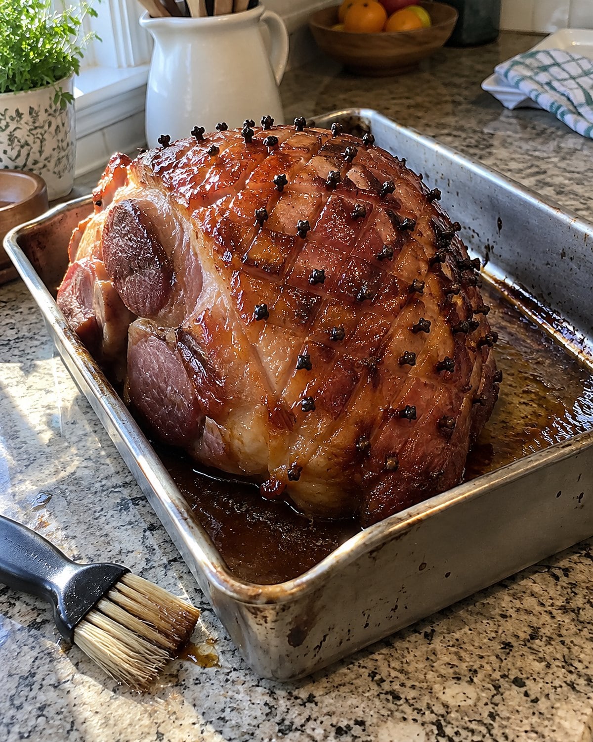 A clove-studded ham in a roasting pan with a basting brush beside it.