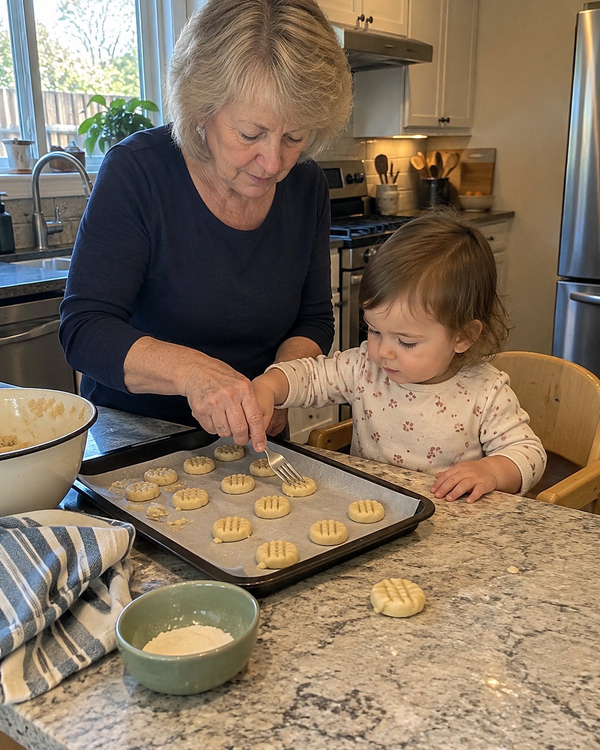 An adult hand steadying a child's fork as it presses dough beside a high chair.