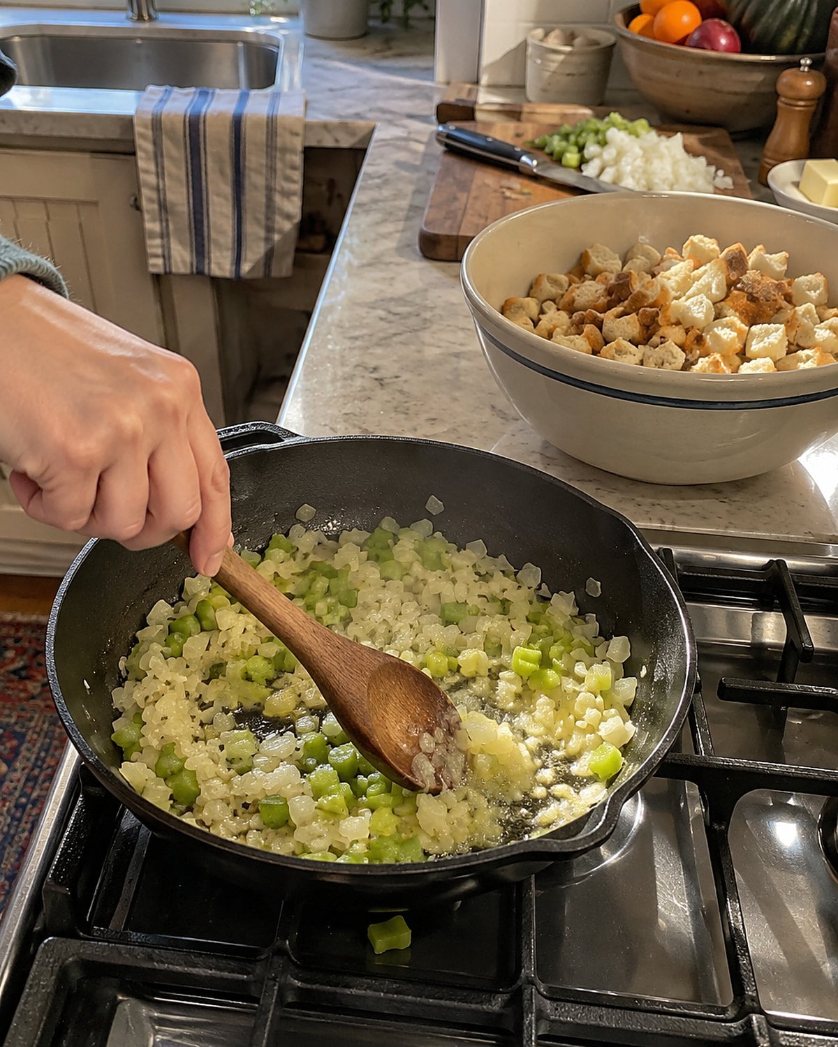 Chopped onion and celery cooking in butter beside a bowl of dry bread cubes.